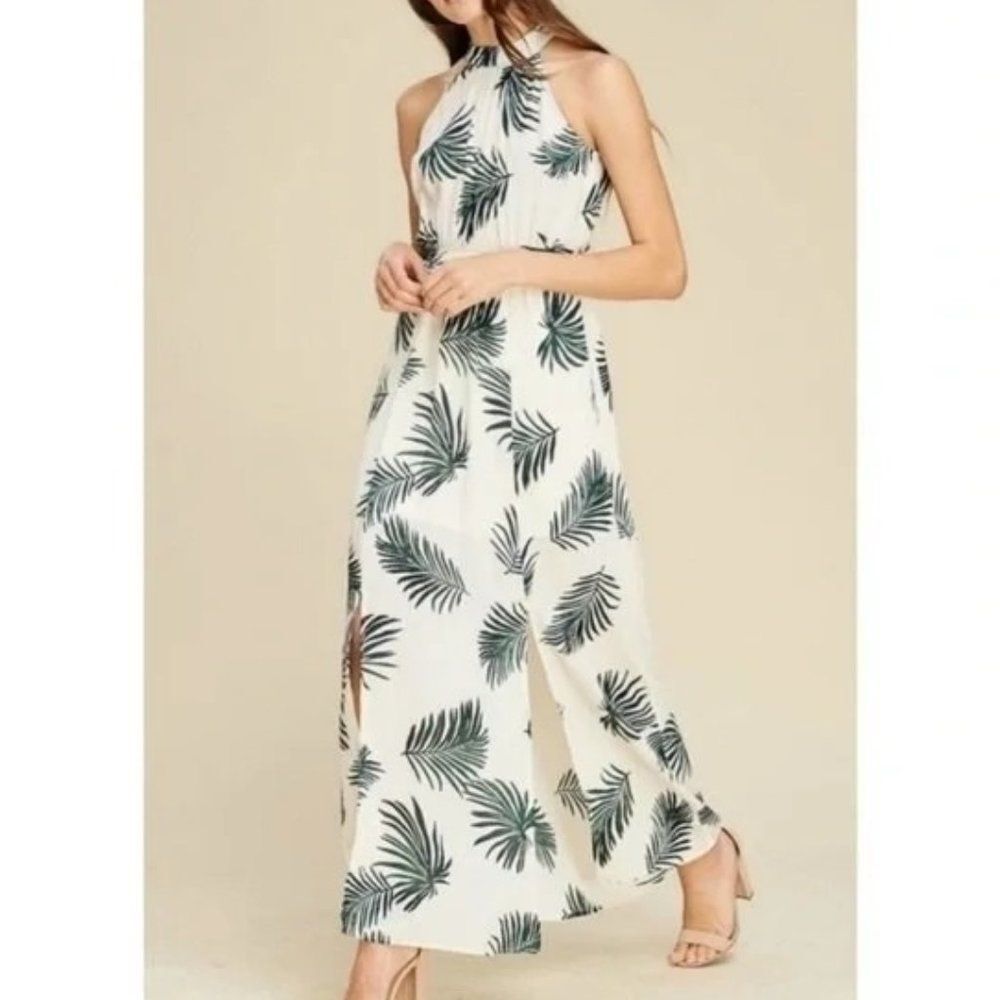 Staccato Tropical Palm Leaf Halter Sleeveless Maxi Dress